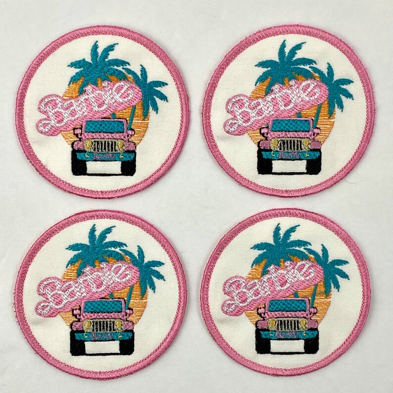 Pink Girl Doll/4 Wheel Drive Patch Iron-on Sew-on Malibu Beach Palm Trees 3 3/8 Circle Patch image 5