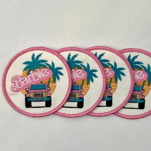 Pink Girl Doll/4 Wheel Drive Patch Iron-on Sew-on Malibu Beach Palm Trees 3 3/8 Circle Patch image 4