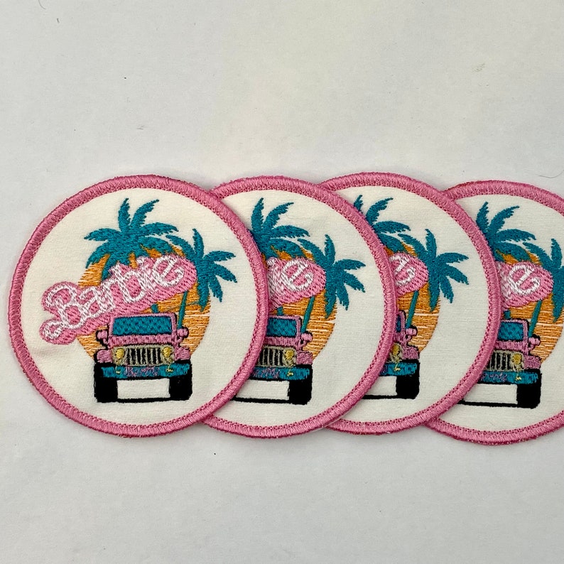 Pink Girl Doll/4 Wheel Drive Patch Iron-on Sew-on Malibu Beach Palm Trees 3 3/8 Circle Patch image 4