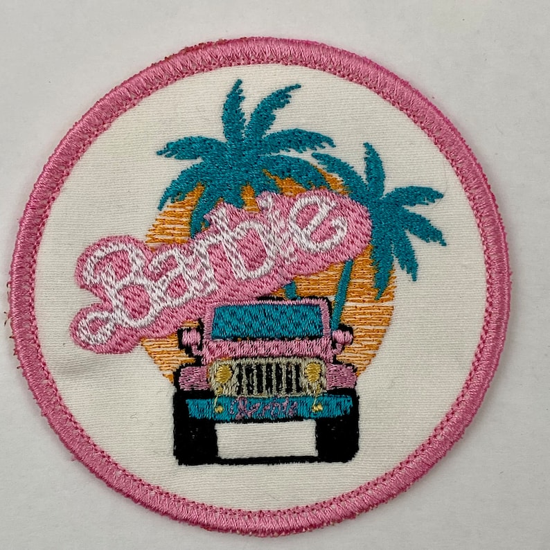 Pink Girl Doll/4 Wheel Drive Patch Iron-on Sew-on Malibu Beach Palm Trees 3 3/8 Circle Patch image 6