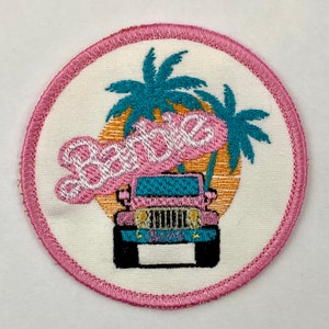 Pink Girl Doll/4 Wheel Drive Patch Iron-on Sew-on Malibu Beach Palm Trees 3 3/8 Circle Patch image 2