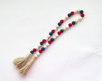 Wood Beads - Red, White, Blue, Natural. Home Decor. Tiered Tray. Patriotic. American. July 4th.