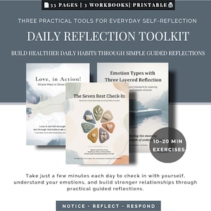 Puede incluir: Un kit de herramientas de reflexión diaria imprimible que contiene 33 páginas y 3 libros de trabajo. Las portadas incluyen títulos como Love, in Action!, The Seven Rest Check-In y Emotion Types with Three Layered Reflection con gráficos.