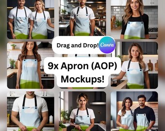 Canva用エプロンモックアップ：ユニセックスAOPデザイン、9種類のテンプレート（デジタルダウンロード）