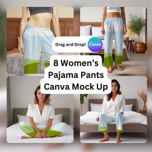 9x Women&#39;s pajama pants Mockups for Canva, POD jammies mock up, Drag and drop Canva, Nightwear, female pajamas Mock up, female sleepwear