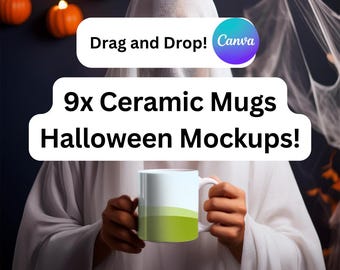 Canva用ハロウィンマグカップモックアップ9点：セラミックコーヒーマグテンプレート（デジタルダウンロード）