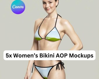 Canva用レディースビキニ水着モックアップ5点、PODビキニモックアップ、Canvaのドラッグアンドドロップ、水着、女性用ビーチウェアモックアップ、ホットガールサマー