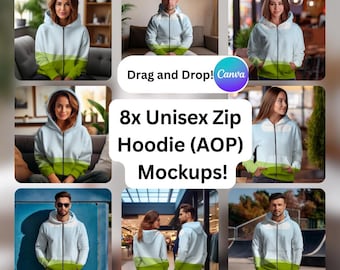 Unisex Zip Hoodies Mockups för Canva: POD-tröjor (digital nedladdning)
