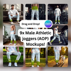May include: Nine mockups of athletic joggers with all-over prints. The joggers are in various colors and patterns, including blue, green, and white. The mockups show the joggers being worn by people in different settings, such as a gym, a park, and a street.