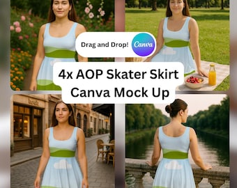 Canva用スケータードレスモックアップ：女性用AOPデザイン4点（デジタルダウンロード）