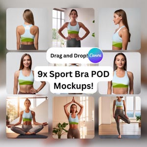 May include: Nine different mockups of a sports bra with a green and blue landscape design. The mockups show the bra being worn by different models in various poses.