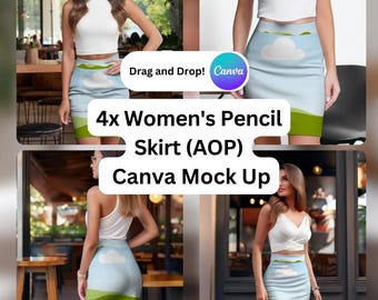 ペンシルスカート AOP モックアップ：ドラッグ＆ドロップ Canva テンプレート（デジタルダウンロード）