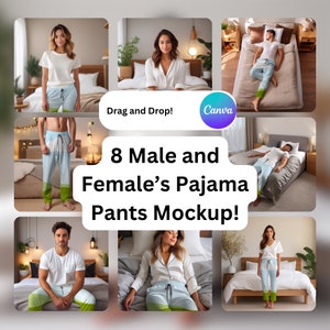 9x Women&#39;s and Men&#39;s pajama pants Mockups for Canva, POD jammies mock up, Drag and drop Canva, Nightwear, pajamas Mockup, sleepwear mock up