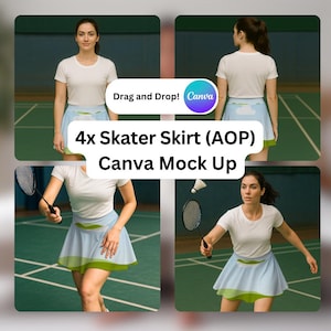 4x Skater Skirt Mockups for Canva, POD Sport Skirt mock up, Drag and drop Canva, Tennis Skirt, female wear Mock up, badminton skirt