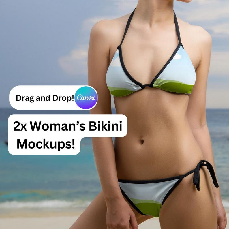 2x Dambikini-dräkt Mockups för Canva, POD bikinimockup, Drag and drop Canva, badkläder, damstrandmockup, het tjejsommar bild 1