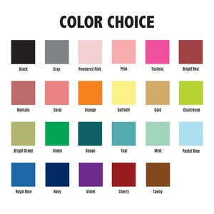 Może przedstawiać: Karta kolor&oacute;w z tekstem "COLOR CHOICE" u g&oacute;ry. Wykres wyświetla 24 pr&oacute;bki kolor&oacute;w, każda oznaczona nazwą koloru, w tym czarny, szary, r&oacute;żowy, fuksja, czerwony, pomarańczowy, złoty, zielony i niebieski.