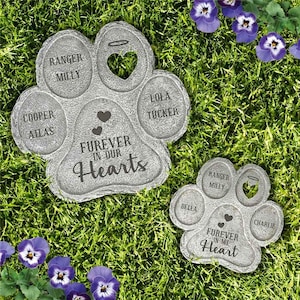 May include: Two grey paw-shaped memorial stones with text and heart designs, set on grass. The larger stone reads "Furever in Our Hearts" and lists pet names. The smaller stone says "Furever in my Heart" and has pet names. Purple flowers are in the background.