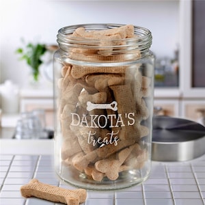 Engraved Bone with Heart Personalized Dog Treat Jar, Glass, Personalized Cat Treat Jar, New Dog Gift, Kitchen Storage, Dog Cookie jar