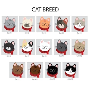 May include: A chart with 14 different cat breeds, each wearing a red scarf. The cats are illustrated in a cartoon style with closed eyes and smiling expressions. The chart is labeled "Cat Breed" and each cat is numbered from 1 to 14.