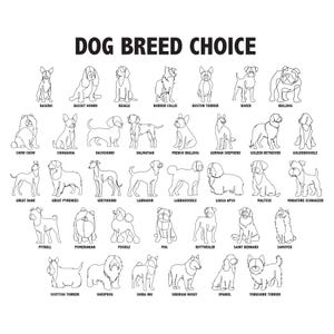 Może przedstawiać: Czarno-białe rysunki linii r&oacute;żnych ras ps&oacute;w, w tym Beagle, Buldog i Labrador. Tekst "DOG BREED CHOICE" znajduje się na g&oacute;rze.