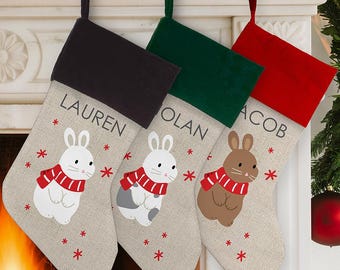 Personalized Bunny Christmas Stocking, Custom Rabbit Name Stocking, Kids Holiday Fireplace Decor, Cute Bunny Stocking, Bunny Lover Gift