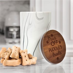 Engraved Dog Treat Jar With A Marble Design, New Dog Gift, Modern Pet Treat Jar, Ceramic White Treat Container, Paws Off, Gift For Puppy
