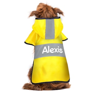 May include: A yellow dog raincoat with a hood and reflective gray stripe. The name "Alexis" is printed in white on the back of the coat. The raincoat has black trim and is designed for a dog.