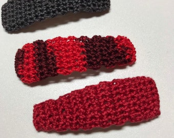 Girls Hair Clips, Crochet Hair Clips, Hair Accessories, Holiday Stocking Stuffer,  Medium Hair Clip Trio, Red, Red Mix, Charcoal Grey