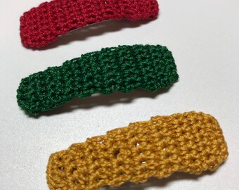 Girls Hair Clips, Holiday Stocking Stuffer, Gift idea, Crochet Hair Clips, Hair Accessories, Medium Hair Clip Trio, Red, Forest Green, Gold