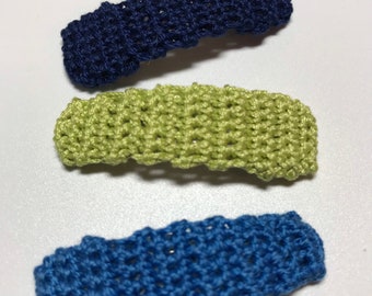 Girls Hair Clips, Crochet Hair Clips, Gift for Girls, Hair Accessories, Medium Hair Clip Trio, Navy, Lime, Hawaii Blue