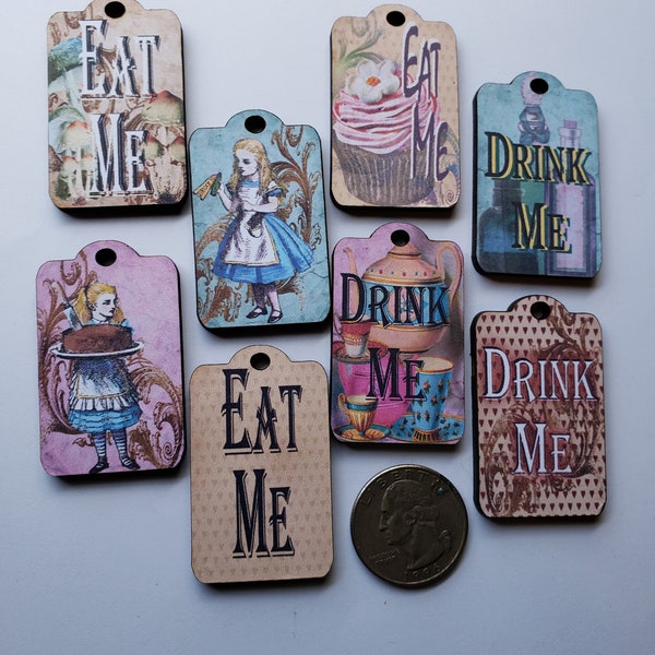 Eat Me Drink Me Tags Alice in Wonderland Woodcut Jewelry Art  Supplies