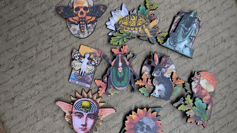 May include: A collection of decorative wooden cutouts featuring various designs. Includes a skull moth, a turtle with flowers, a statue, a tarot card, a beetle, a rabbit, a fox, a face with a skull, and a sunflower with a skull. The cutouts are on a textured background.