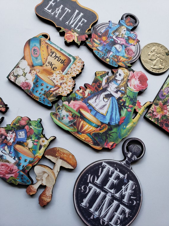 Alice in Wonderland Tea Time Woodcut Jewelry Art  Supplies