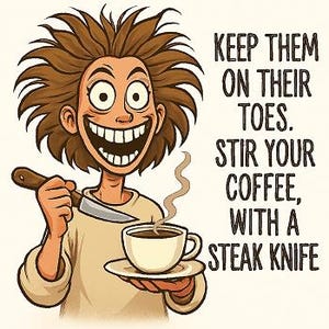 Pode incluir: Ilustração de desenho animado de uma pessoa com cabelo selvagem e um sorriso largo segurando uma faca de bife e uma xícara de café. O texto diz: "KEEP THEM ON THEIR TOES. STIR YOUR COFFEE, WITH A STEAK KNIFE."