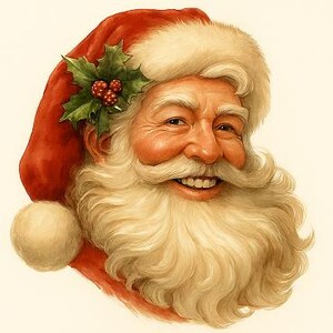 Può includere: Illustrazione dettagliata di Babbo Natale, con un cappello rosso bordato di bianco e una lunga e soffice barba bianca. L'immagine include un rametto di agrifoglio con bacche rosse. Il ritratto è su sfondo color crema.