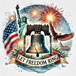 Clipart Patriotic Liberty Bell, 8 Let Freedom Ring Liberty Bell Jpgs - 3000 x 3000px - Cardmaking, Scrapbooking. Colagens, Artesanato