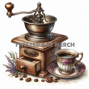 Könnte beinhalten: Eine antike Kaffeemühle aus Holz mit einem Messingdeckel und einer Schublade. Die Mühle hat aufwendige Schnitzereien und eine Handkurbel. Eine Tasse Kaffee steht auf einer Untertasse neben der Mühle.