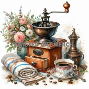 May include: A vintage wooden coffee grinder with a copper bowl, a silver coffee pot, a cup of coffee, and a white and blue striped towel on a table with coffee beans scattered around.