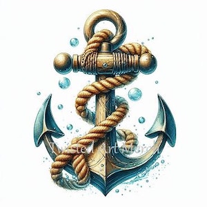 May include: A blue and gold anchor with a thick rope wrapped around it. The anchor is surrounded by water droplets and bubbles.