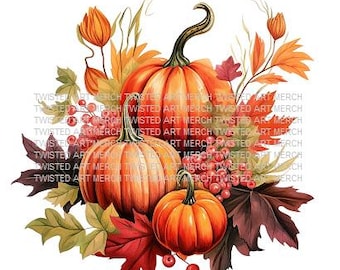 Könnte beinhalten: Ein Aquarellbild einer Herbsthahnernte mit drei Kürbissen, roten Beeren und Herbstblättern in Orange-, Rot- und Grüntönen.