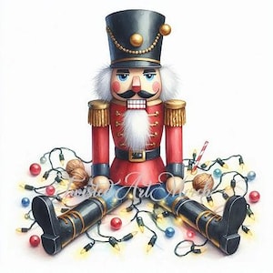 May include: A red and black toy soldier nutcracker sits in a pile of tangled Christmas lights. The nutcracker has a white beard and a black hat with gold trim. The lights are a mix of red, blue, and green.