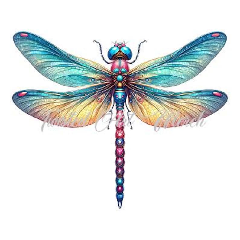 May include: A colorful dragonfly with blue, yellow, and pink wings. The dragonfly's body is adorned with intricate details and a series of beads.