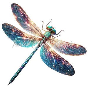 May include: A iridescent blue dragonfly with sparkling wings and a metallic green body. The dragonfly is in flight with its wings spread wide.