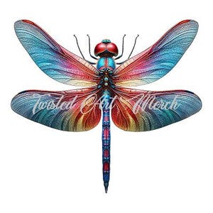 May include: A colorful dragonfly with red, blue, and yellow wings. The dragonfly's body is a dark blue with a red head.