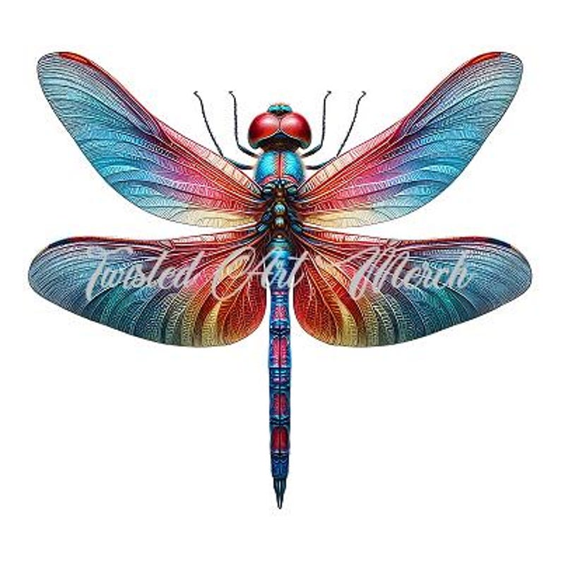 May include: A colorful dragonfly with red, blue, and yellow wings. The dragonfly's body is a dark blue with a red head.