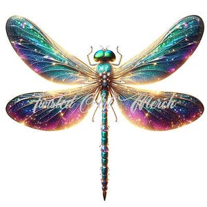 May include: A sparkling iridescent dragonfly with gold accents and a teal body. The wings are a mix of blue, purple, and pink with gold glitter.