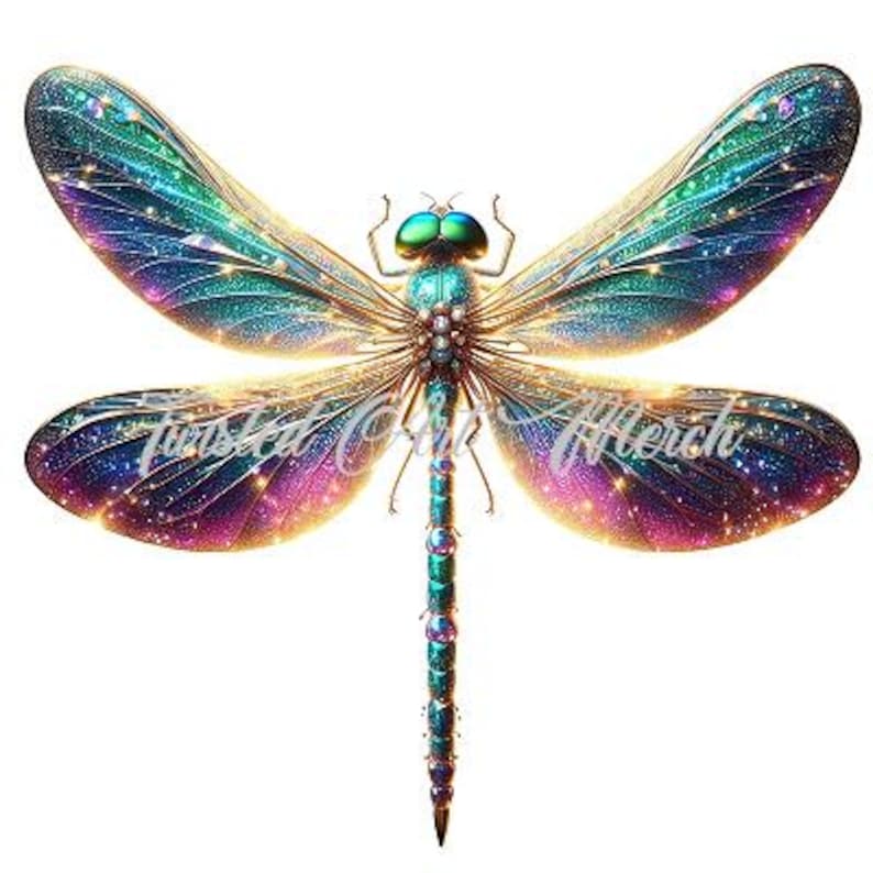 May include: A sparkling iridescent dragonfly with gold accents and a teal body. The wings are a mix of blue, purple, and pink with gold glitter.