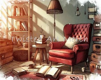May include: A cozy reading nook with a red armchair, a stack of books, a cup of coffee, and a lamp. The room has a bookshelf filled with books, a wooden chest, and a rug.