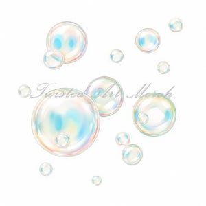 May include: Illustration of several iridescent bubbles floating against a white background. The bubbles vary in size, with larger ones in the foreground and smaller ones scattered throughout. The text "Twisted Art Merch" is in the lower center.