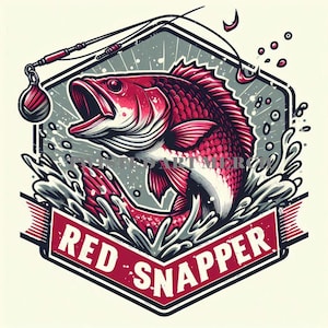 May include: A red snapper fish illustration with the text "RED SNAPPER" in a red banner. The fish is jumping out of the water, with a fishing rod and hook above it. The design is in a hexagon shape with a grey background.